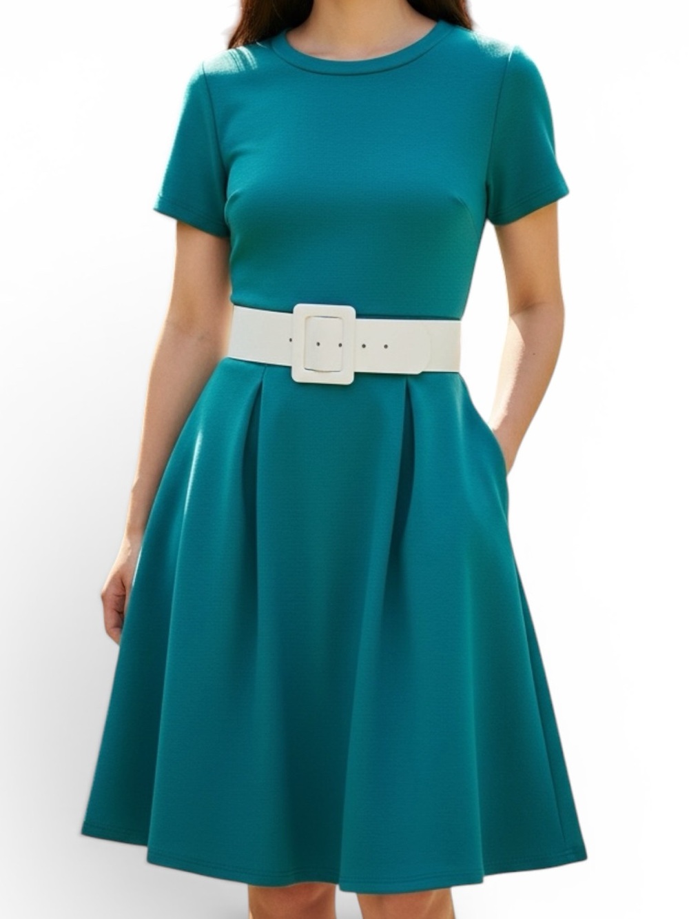 Teal Fit-and-Flare Short Sleeve Dress with Pockets & a White Belt
